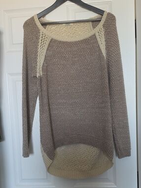 Taupe Crewneck Sweater with Cream Trim